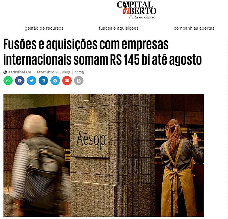 Fuses e aquisies com empresas internacionais somam R$ 145 bi at Agosto
